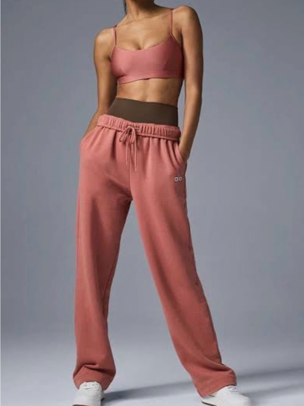 ALO Yoga Women's Rust Pink Track Pants with Brown Waistband